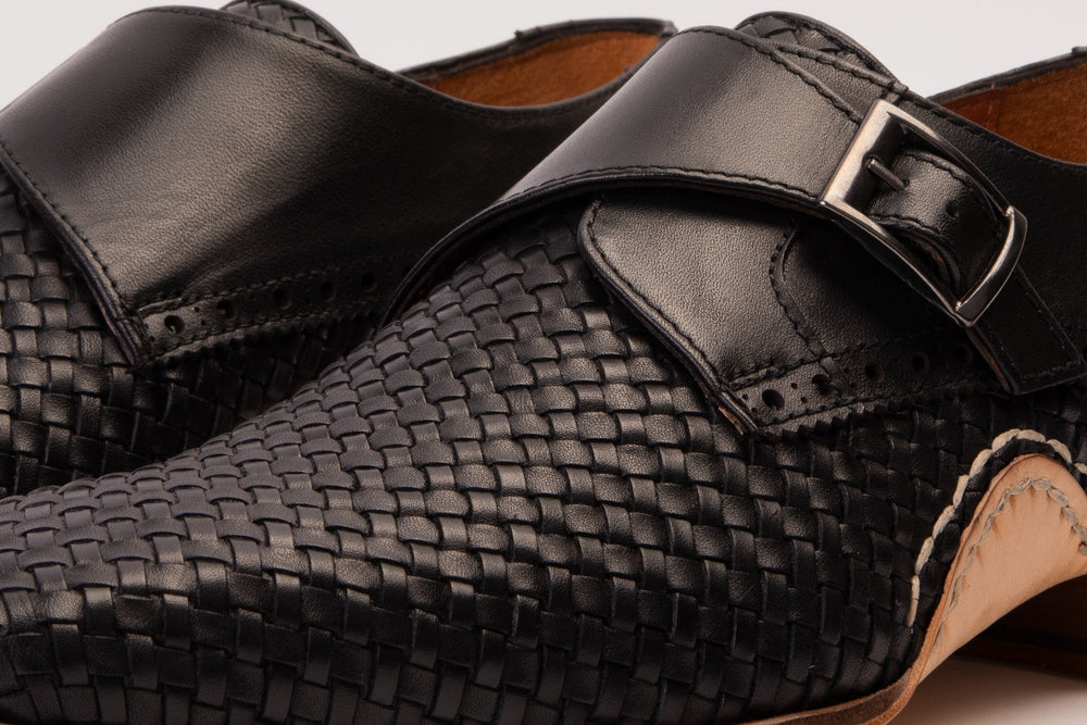 The Rolls  Woven Black Leather Single Monk Strap  Handmade Shoe