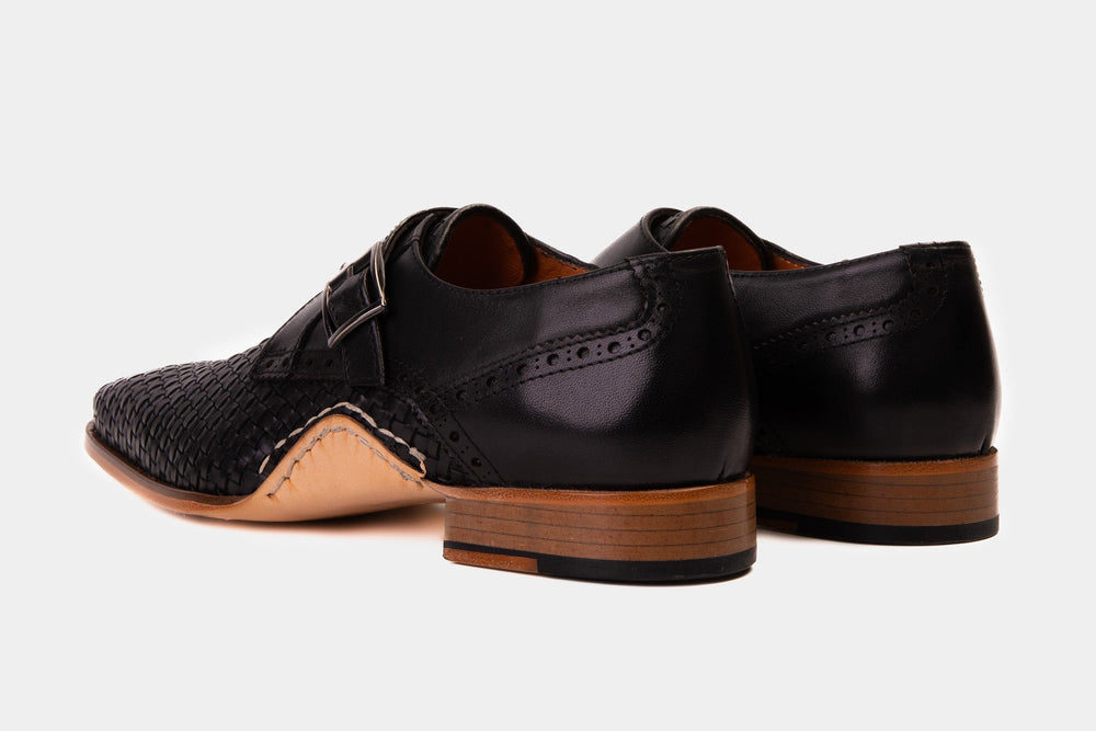 The Rolls  Woven Black Leather Single Monk Strap  Handmade Shoe