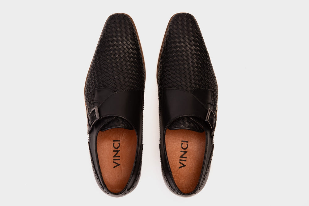 The Rolls  Woven Black Leather Single Monk Strap  Handmade Shoe