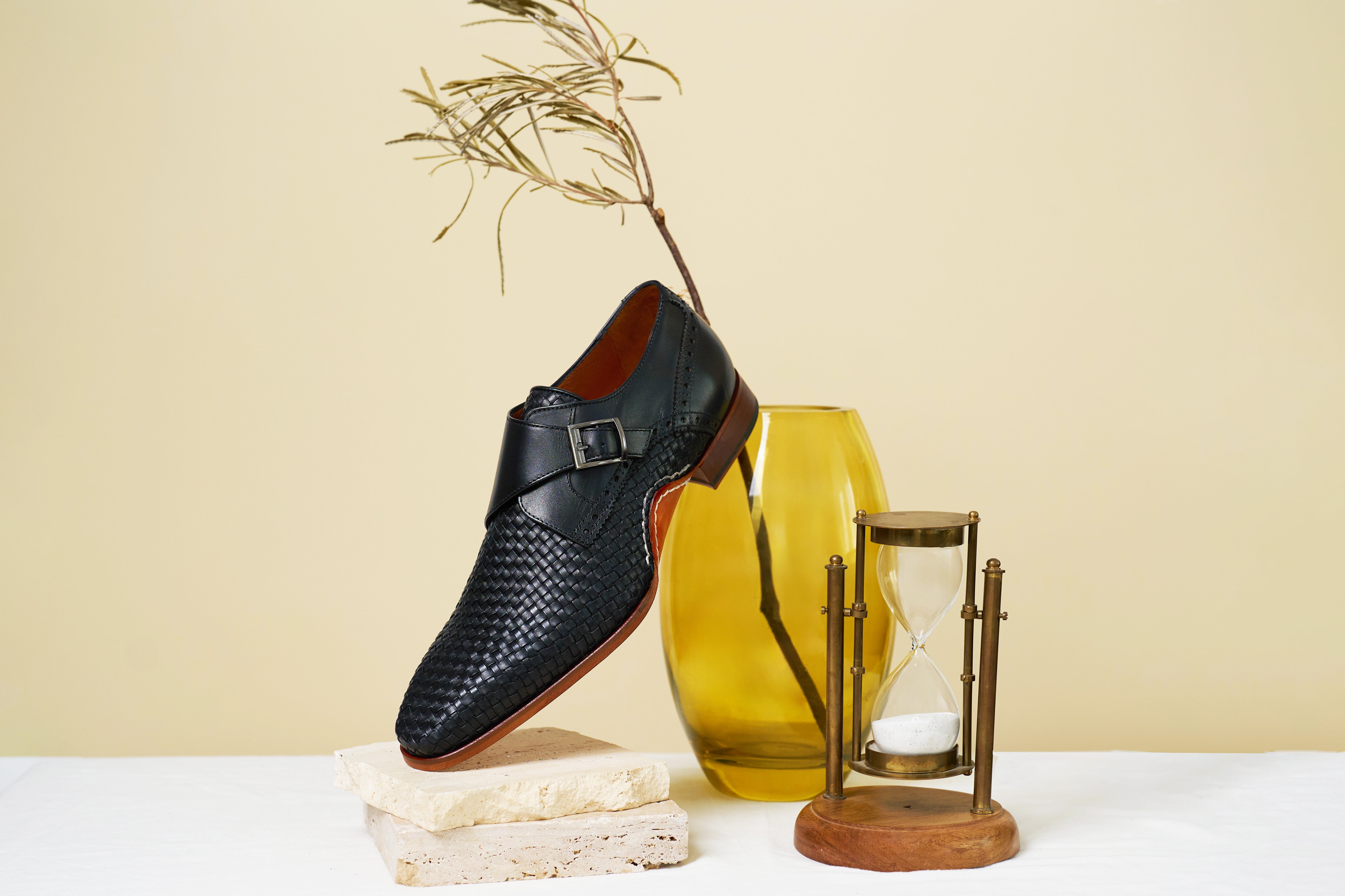The Rolls  Woven Black Leather Single Monk Strap  Handmade Shoe