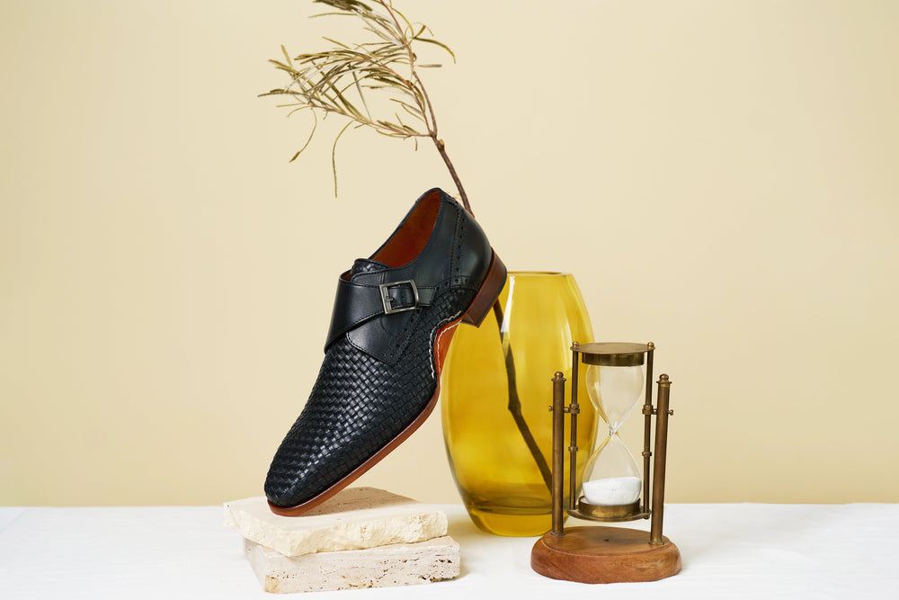 The Rolls  Woven Black Leather Single Monk Strap  Handmade Shoe