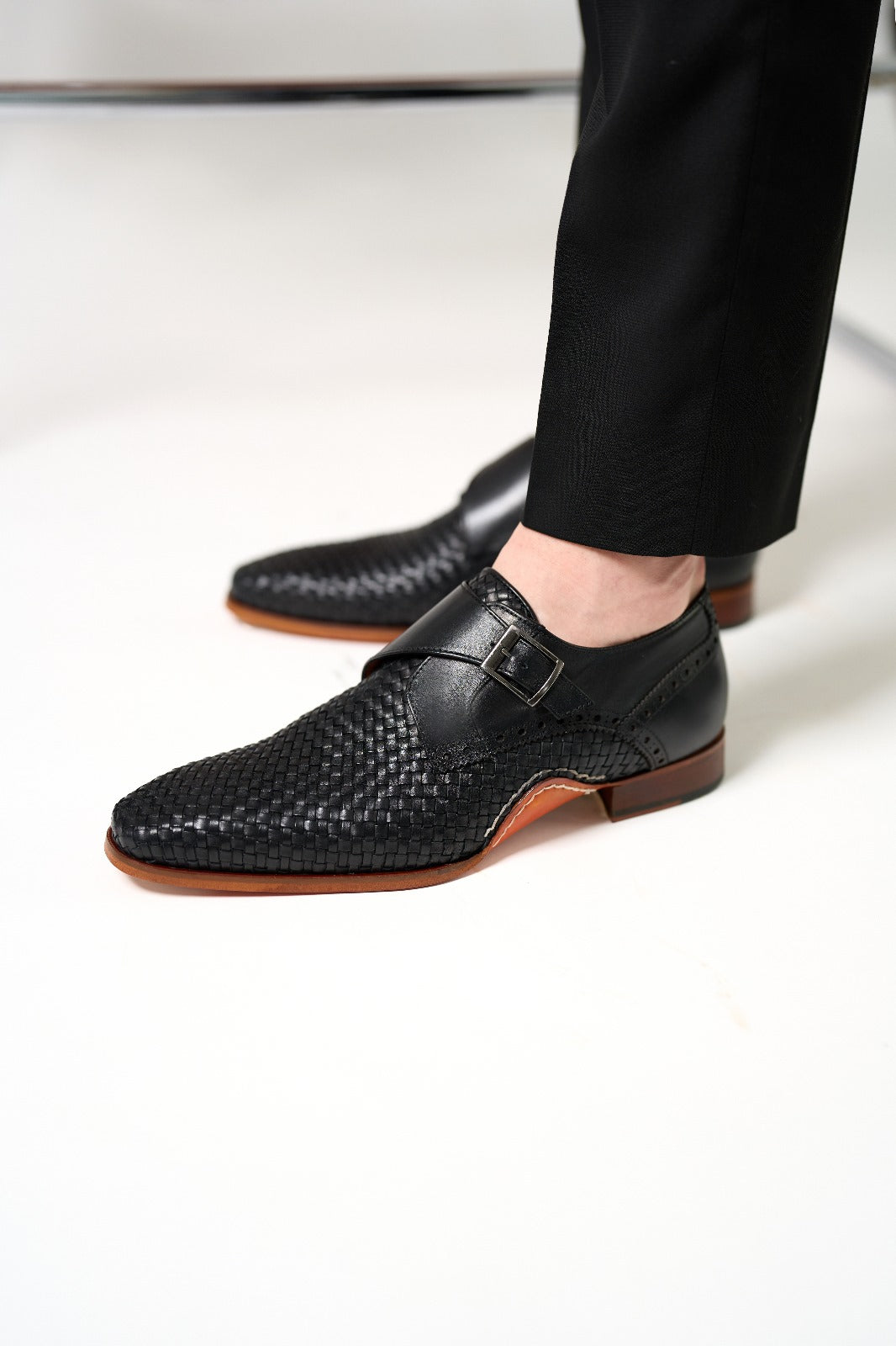 The Rolls  Woven Black Leather Single Monk Strap  Handmade Shoe