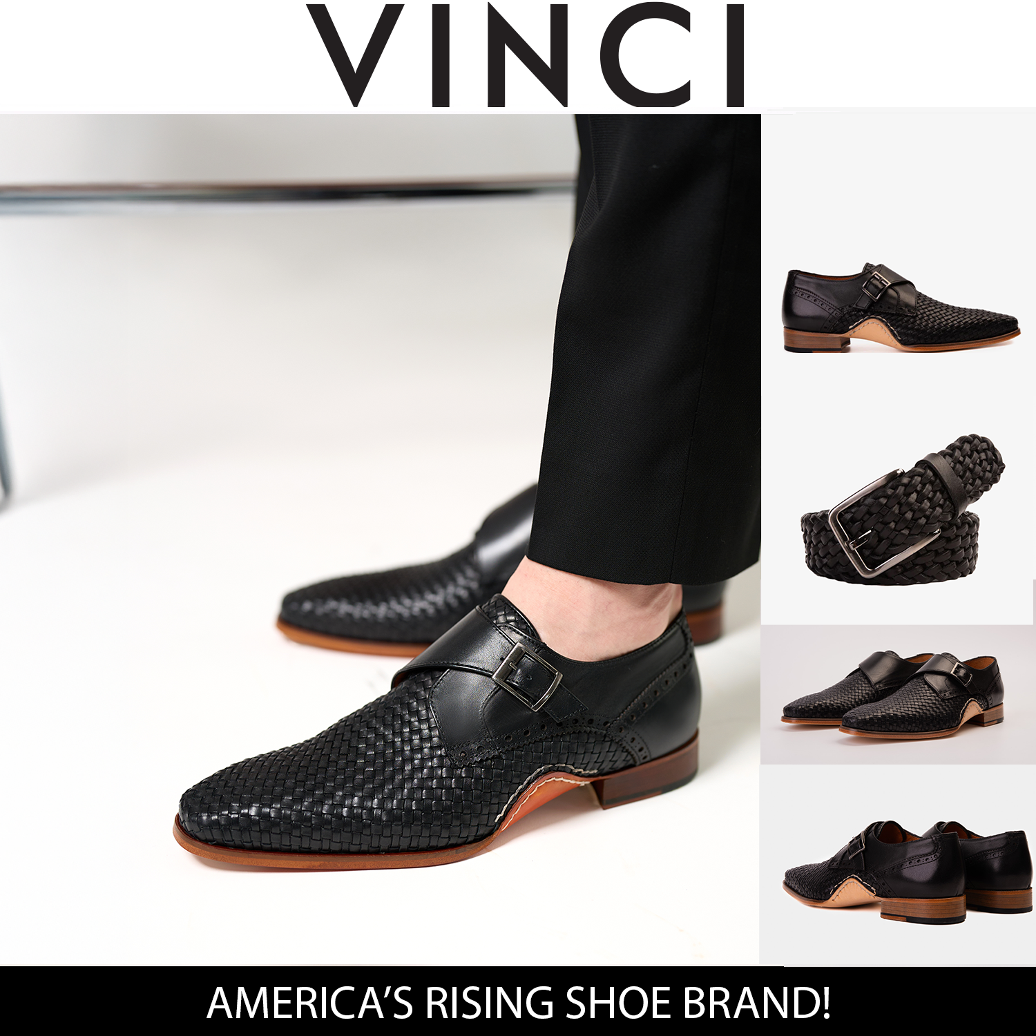 The Rolls  Woven Black Leather Single Monk Strap  Handmade Shoe