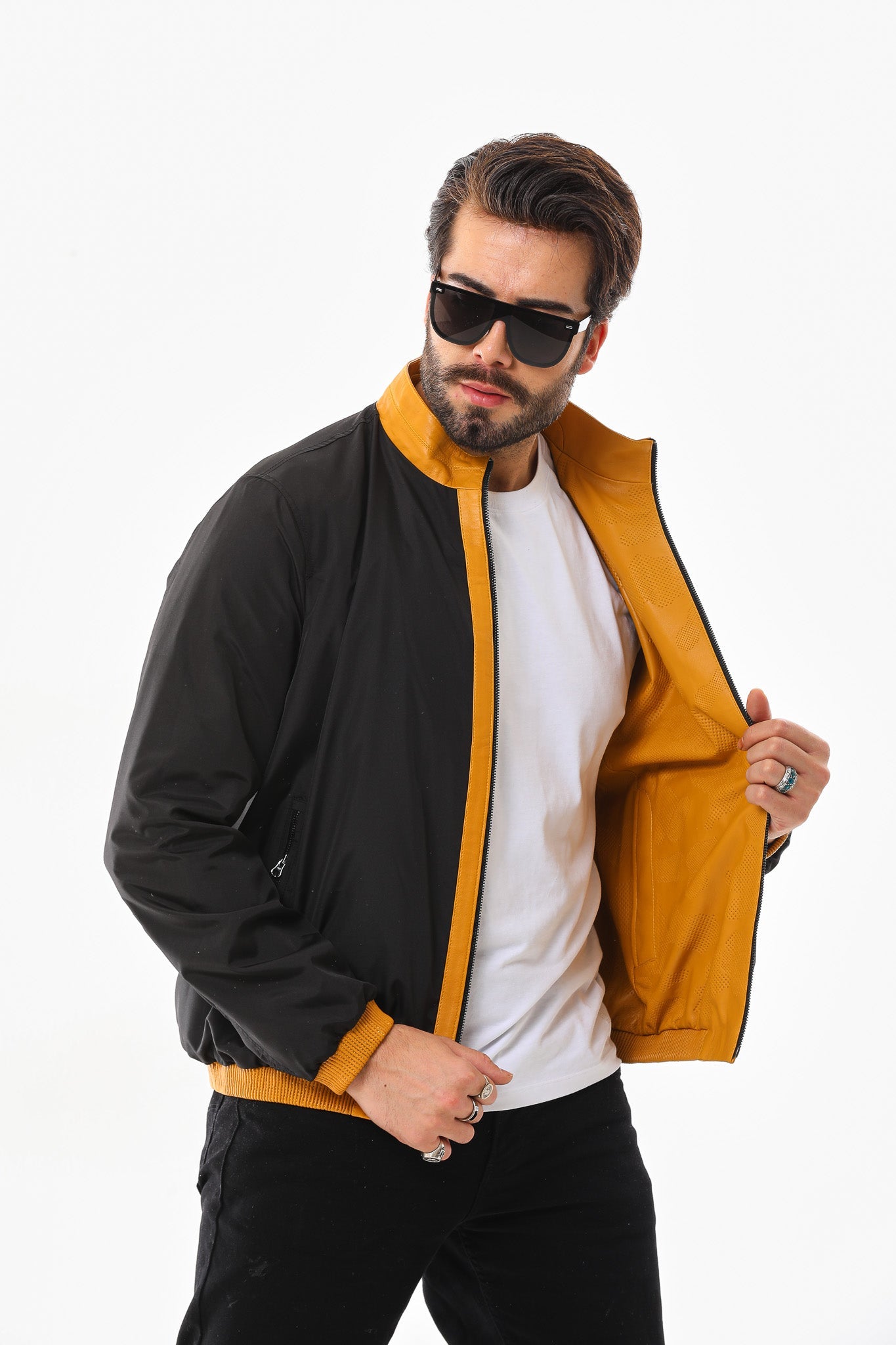 The Como Reversible Mustard Yellow Black Leather Bomber Jacket