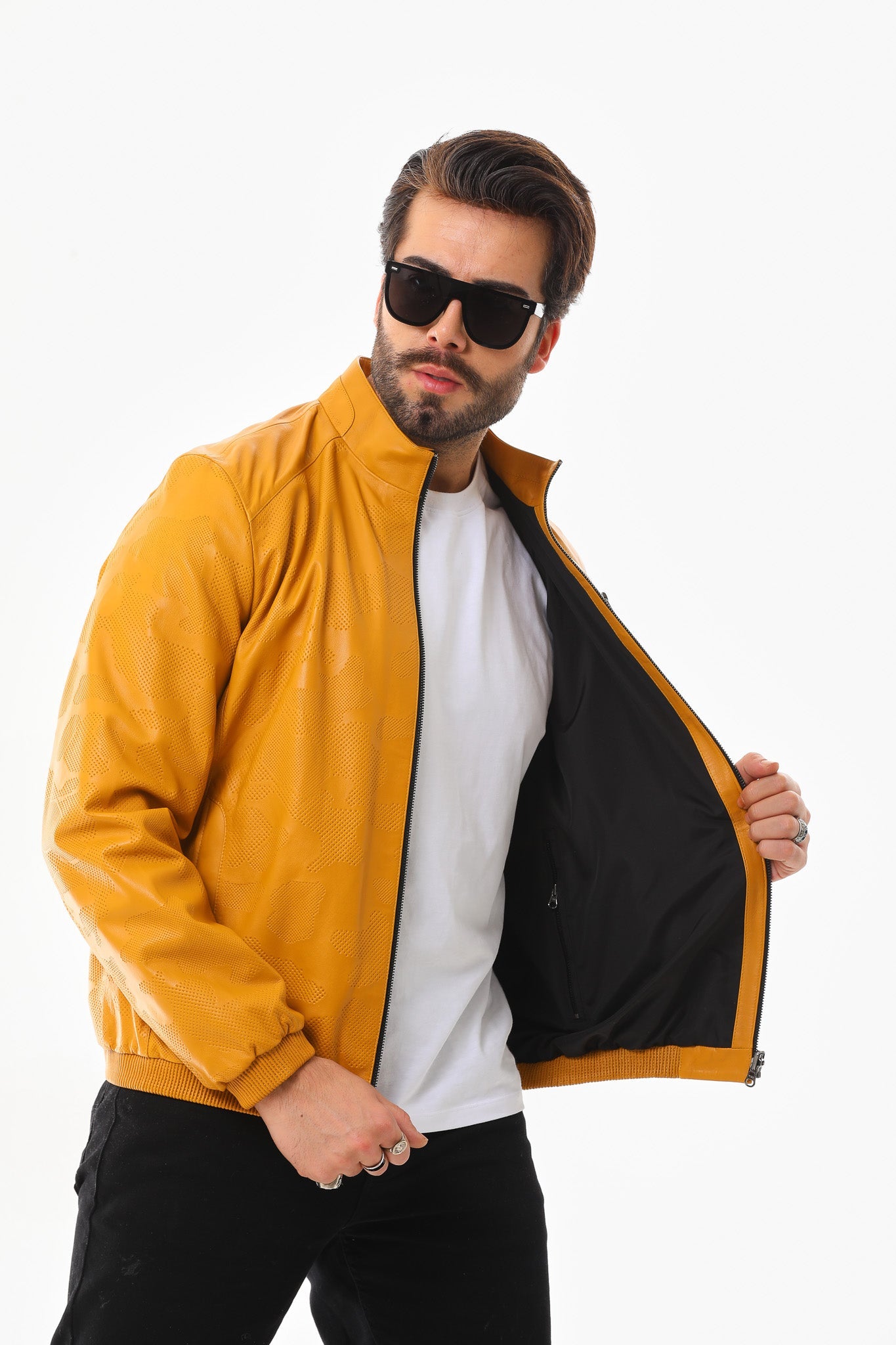 The Como Reversible Mustard Yellow Black Leather Bomber Jacket