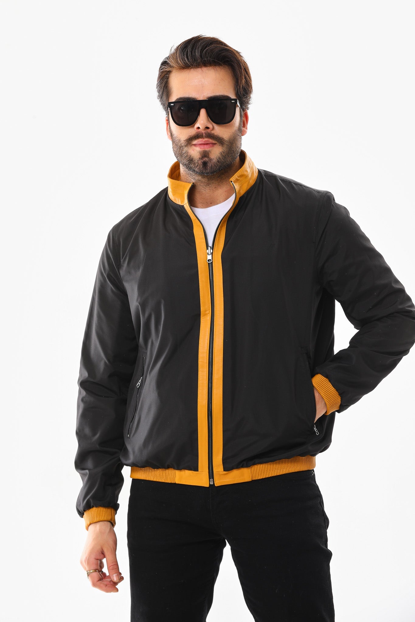 The Como Reversible Mustard Yellow Black Leather Bomber Jacket