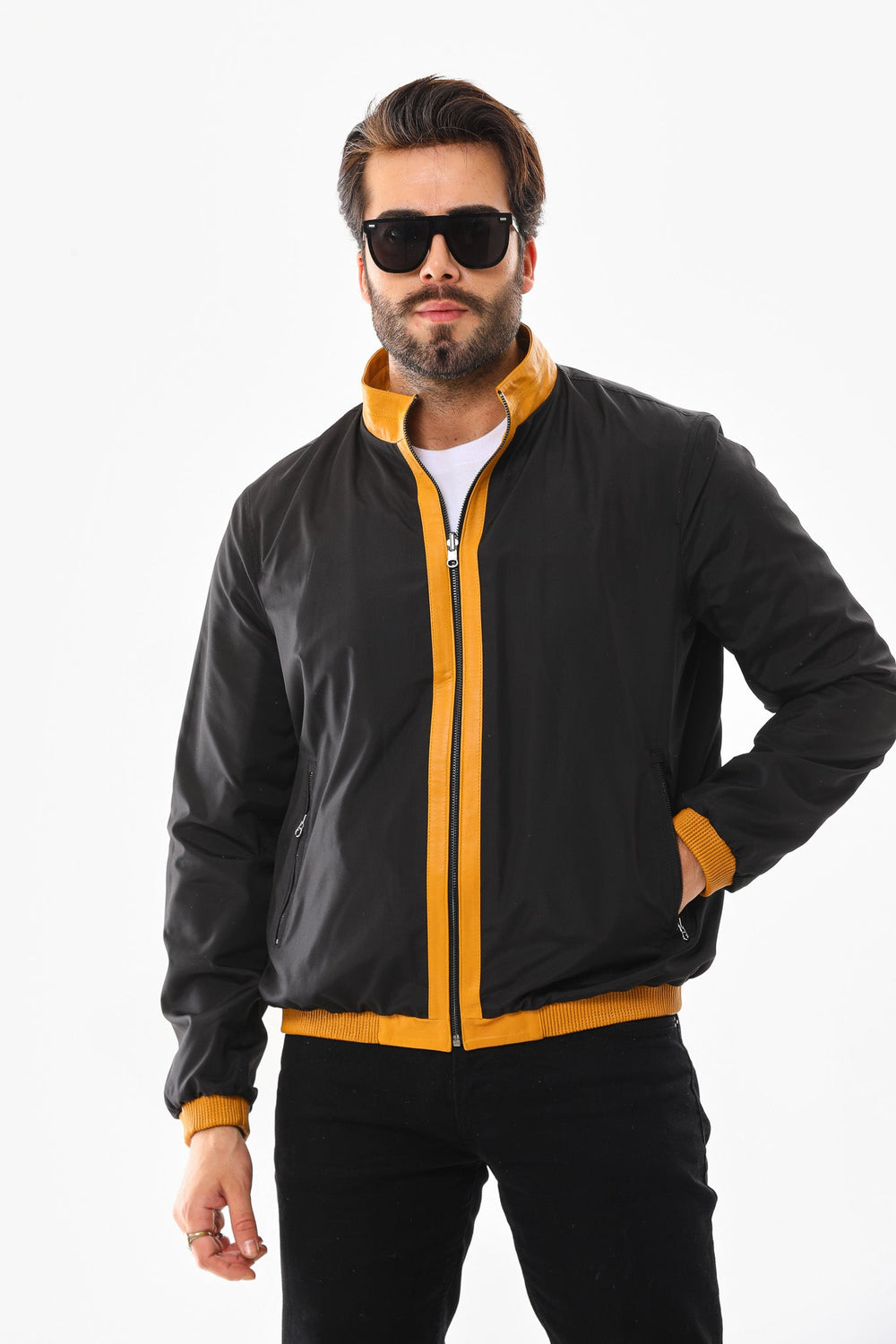 The Como Reversible Mustard Yellow Black Leather Bomber Jacket