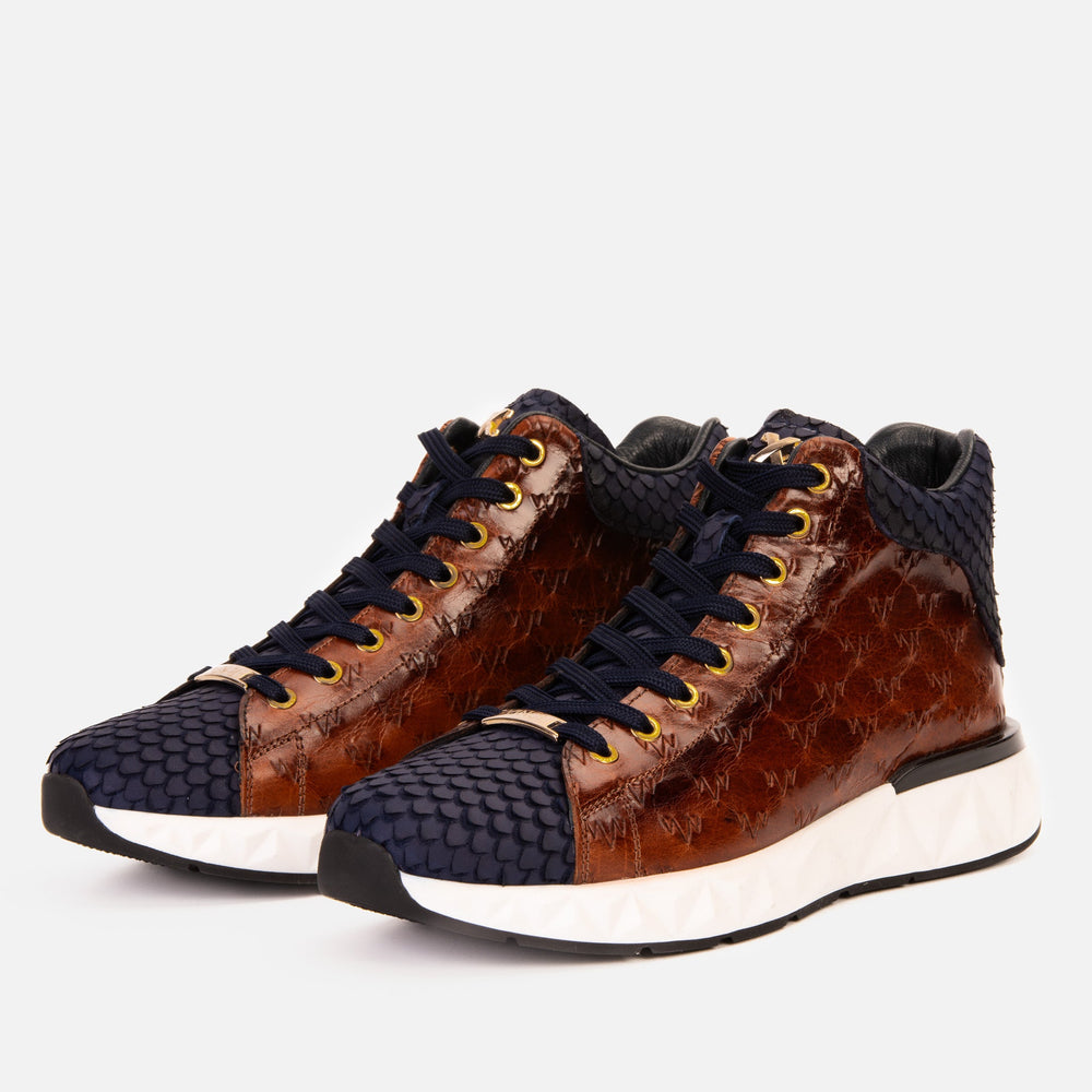 The Caesars Brown Navy Leather High-Top Sneaker