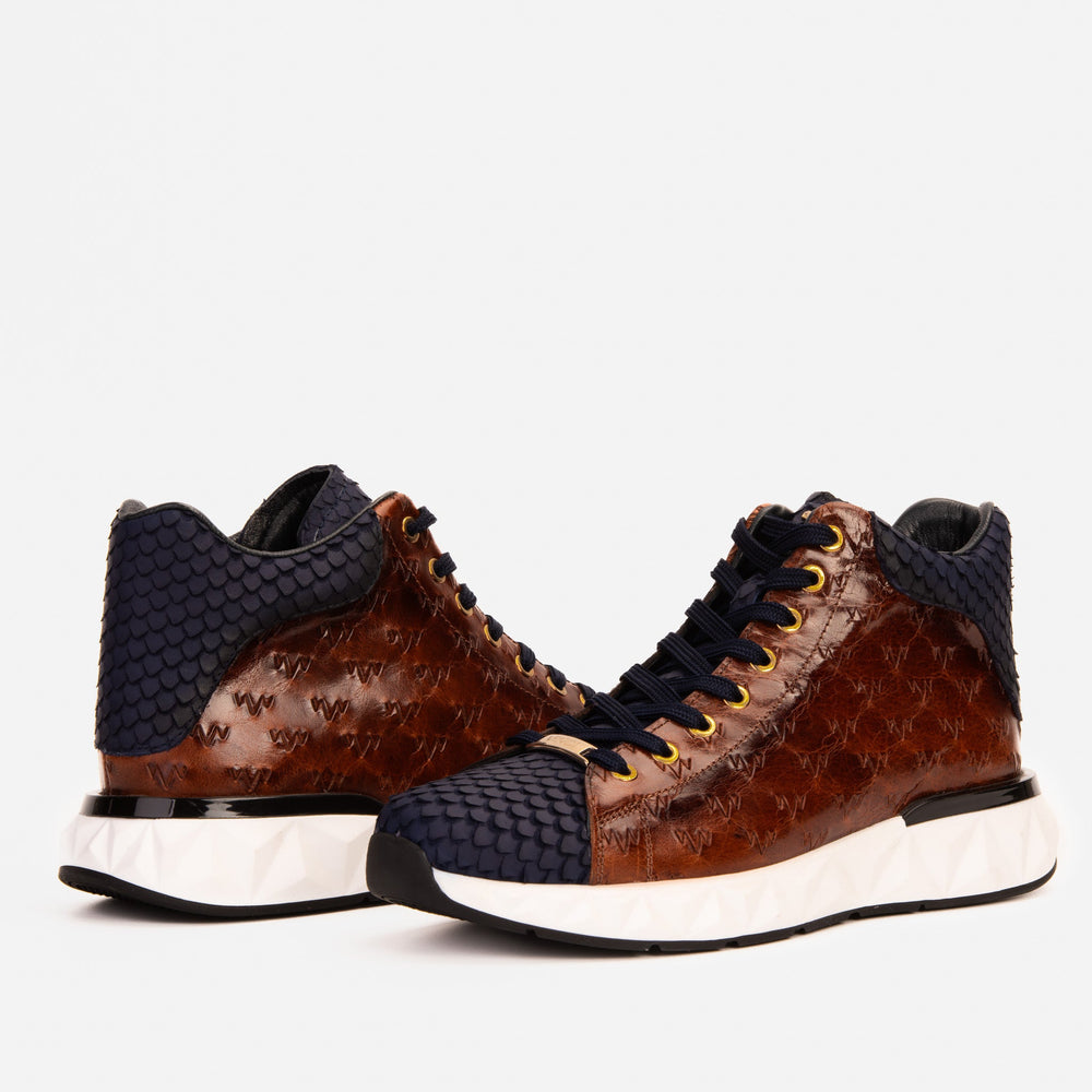 The Caesars Brown Navy Leather High-Top Sneaker