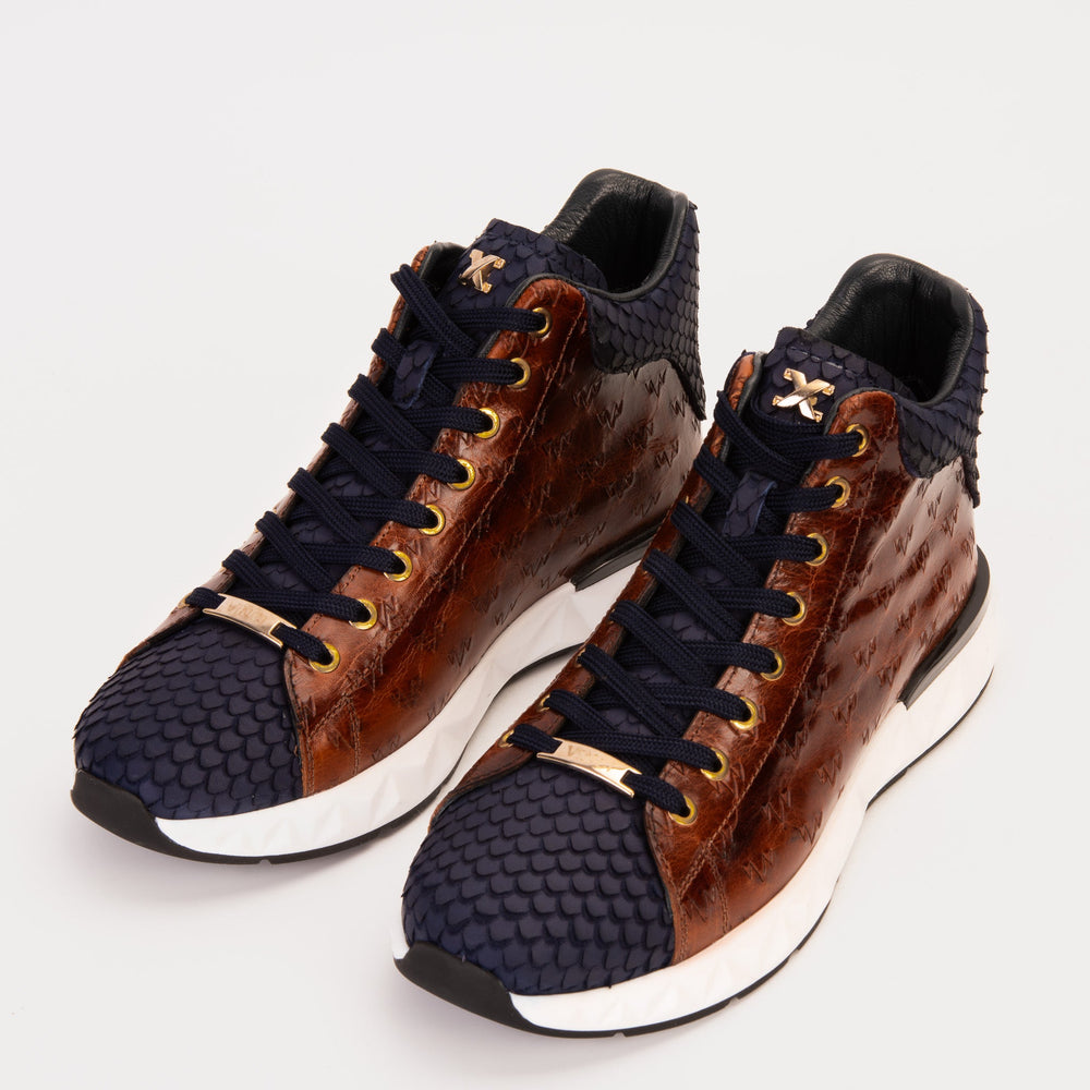 The Caesars Brown Navy Leather High-Top Sneaker