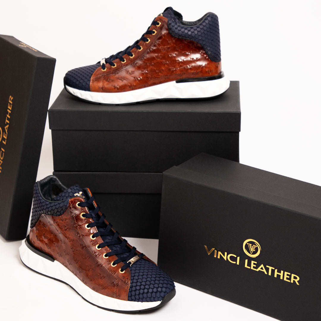 The Caesars Brown Navy Leather High-Top Sneaker