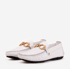 The Pisa White Leather Bit Drive Loafer Shoe
