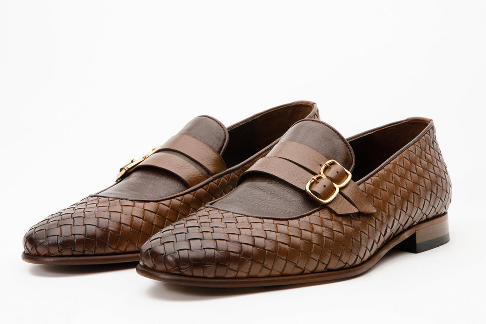 The Vatra Tan Woven Double Monk Strap Shoe