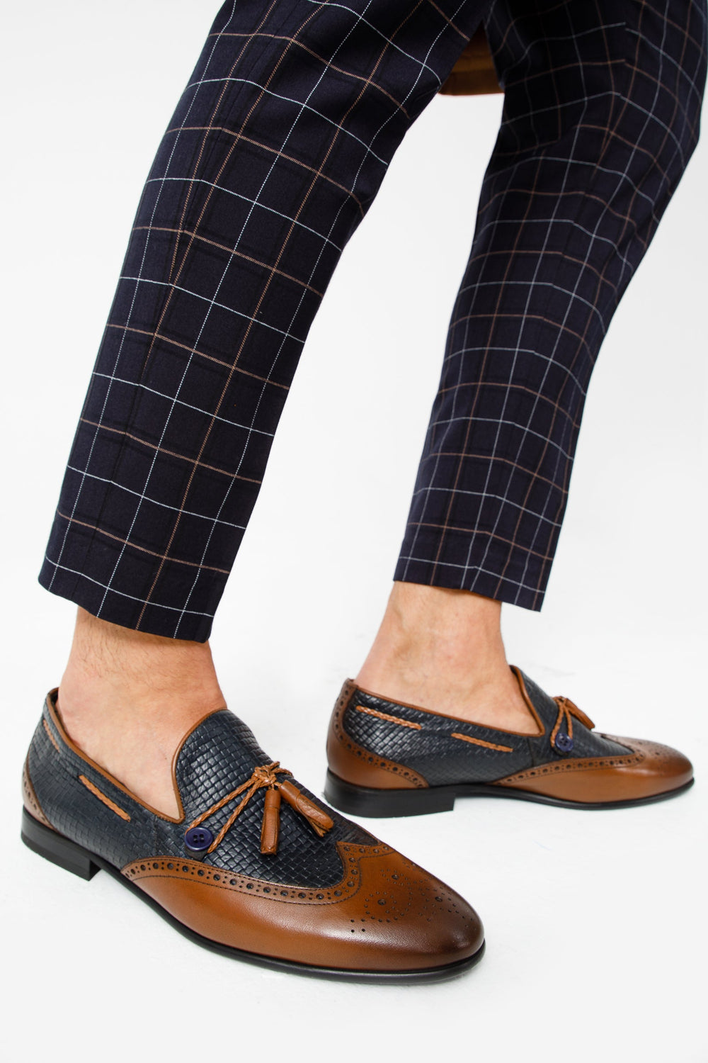 The Istanbul Tan Navy Blue Leather Tassel Loafer Shoe
