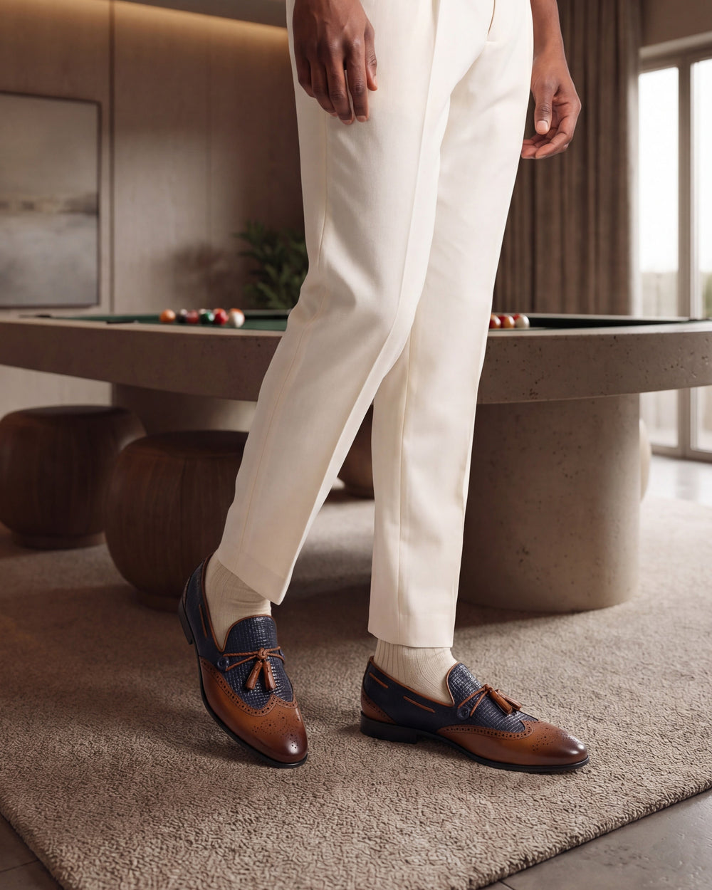 The Istanbul Tan Navy Blue Leather Tassel Loafer Shoe