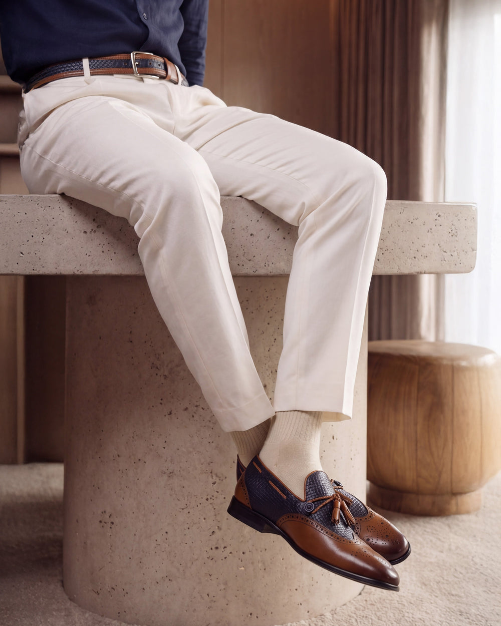 The Istanbul Tan Navy Blue Leather Tassel Loafer Shoe