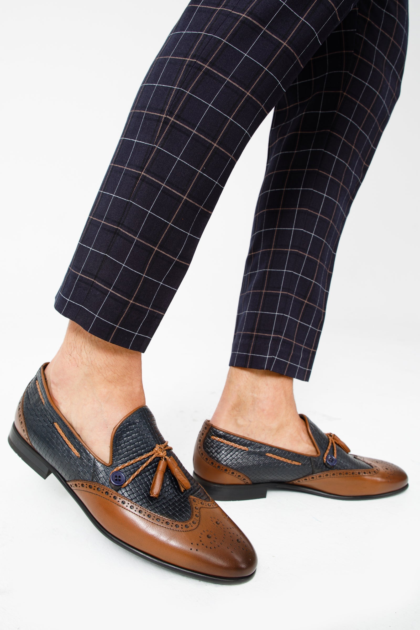 The Istanbul Tan Navy Blue Leather Tassel Loafer Shoe