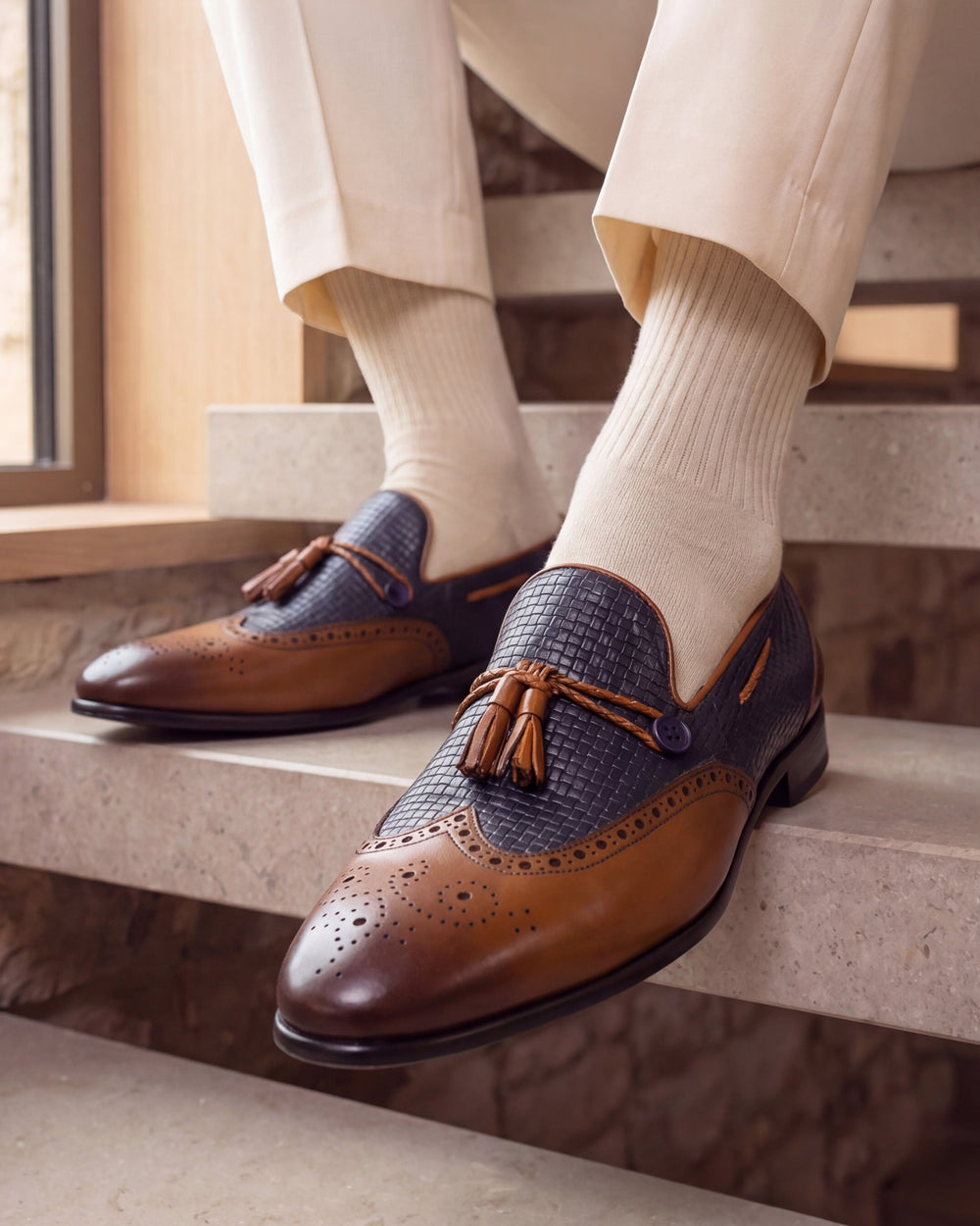 The Istanbul Tan Navy Blue Leather Tassel Loafer Shoe