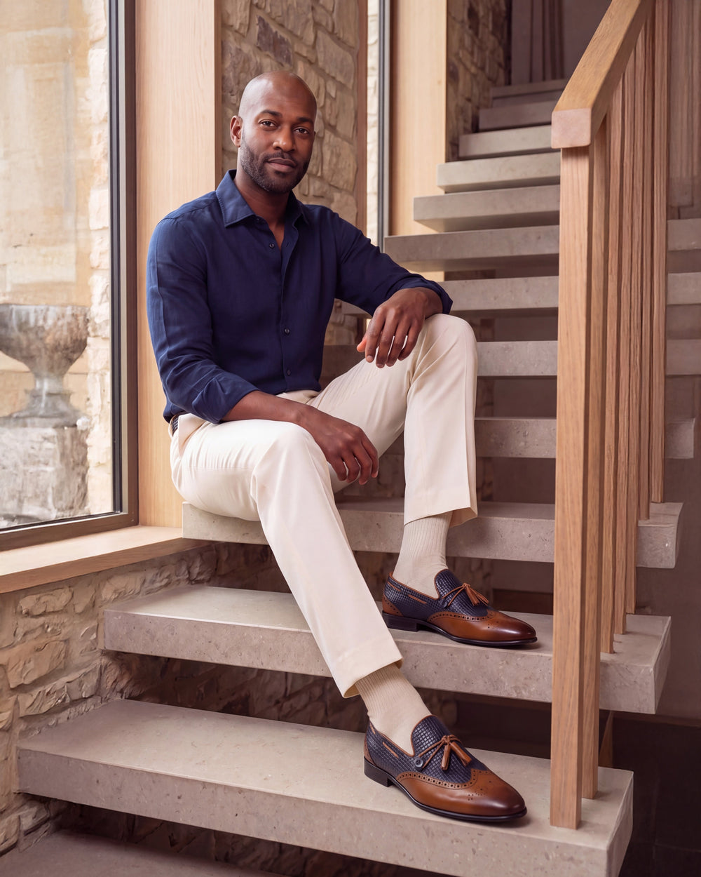 The Istanbul Tan Navy Blue Leather Tassel Loafer Shoe