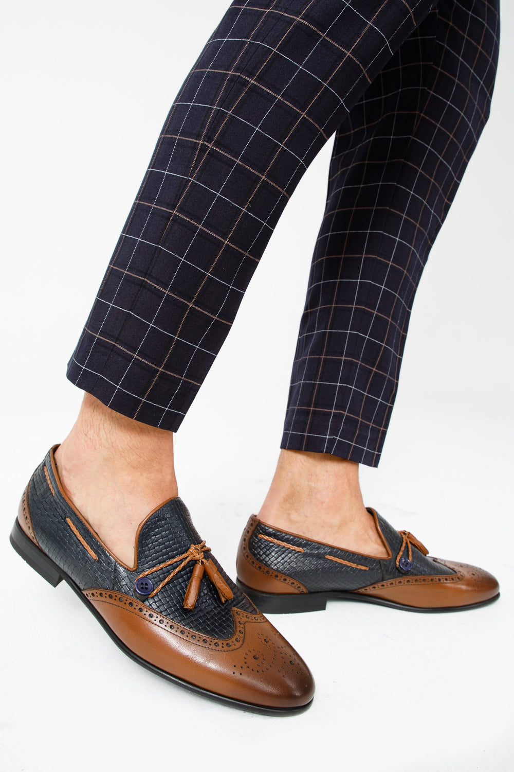 The Istanbul Tan Navy Blue Leather Tassel Loafer Shoe