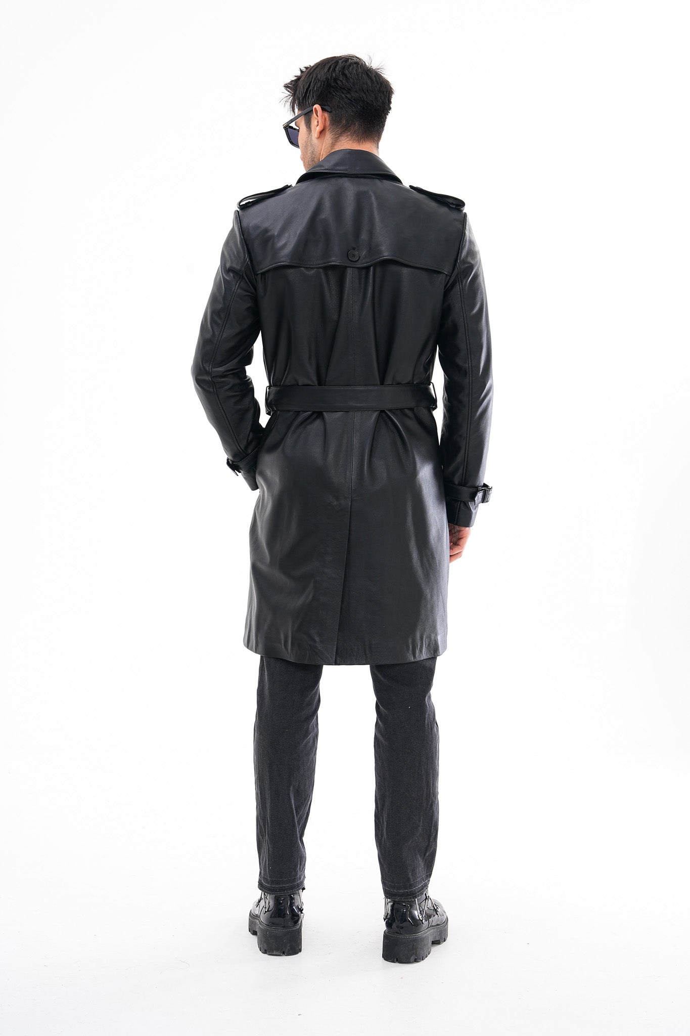 The Firenze Black Leather Leather Trench Coat Jacket