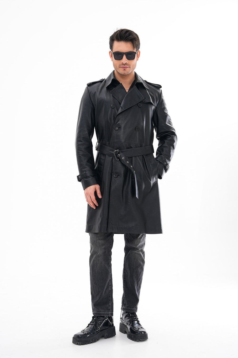 The Firenze Black Leather Leather Trench Coat Jacket
