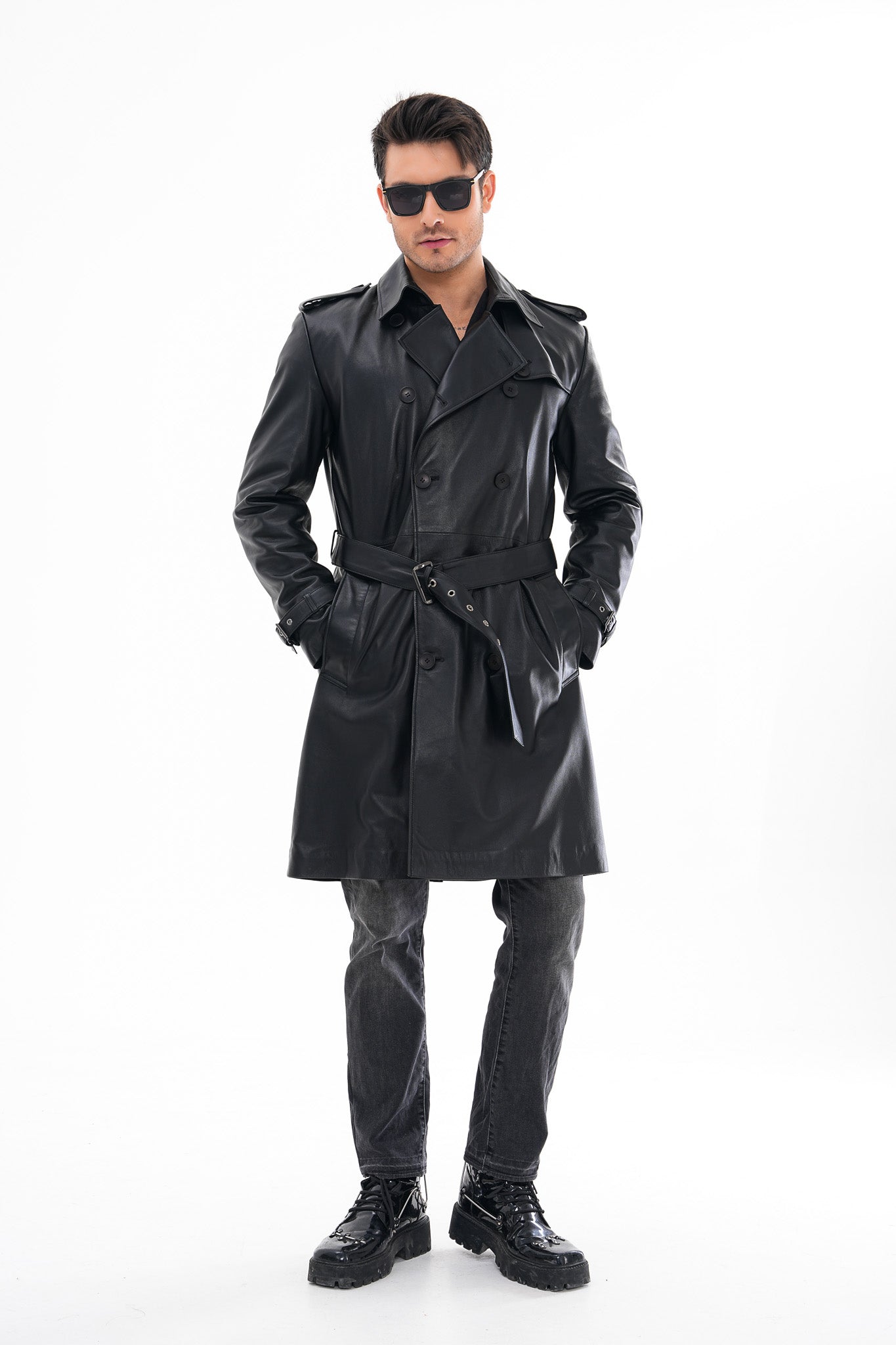 The Firenze Black Leather Leather Trench Coat Jacket