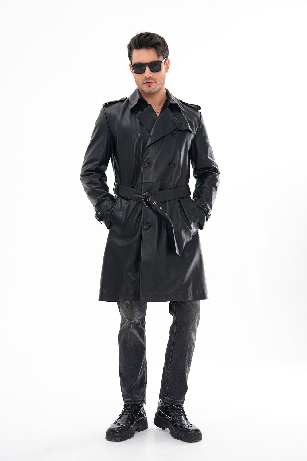 The Firenze Black Leather Leather Trench Coat Jacket