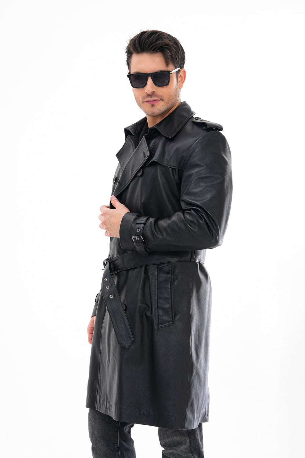 The Firenze Black Leather Leather Trench Coat Jacket