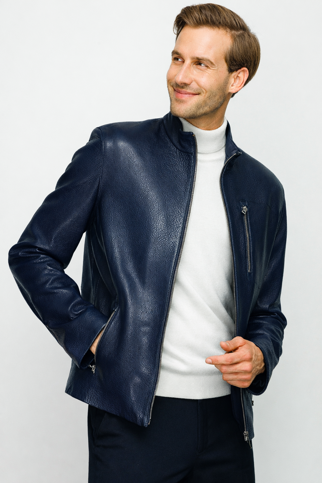 The Blanchard Navy Blue Leather Jacket