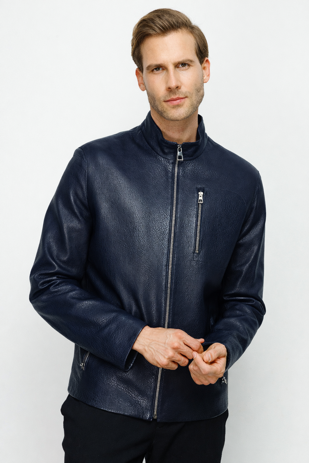 The Blanchard Navy Blue Leather Jacket