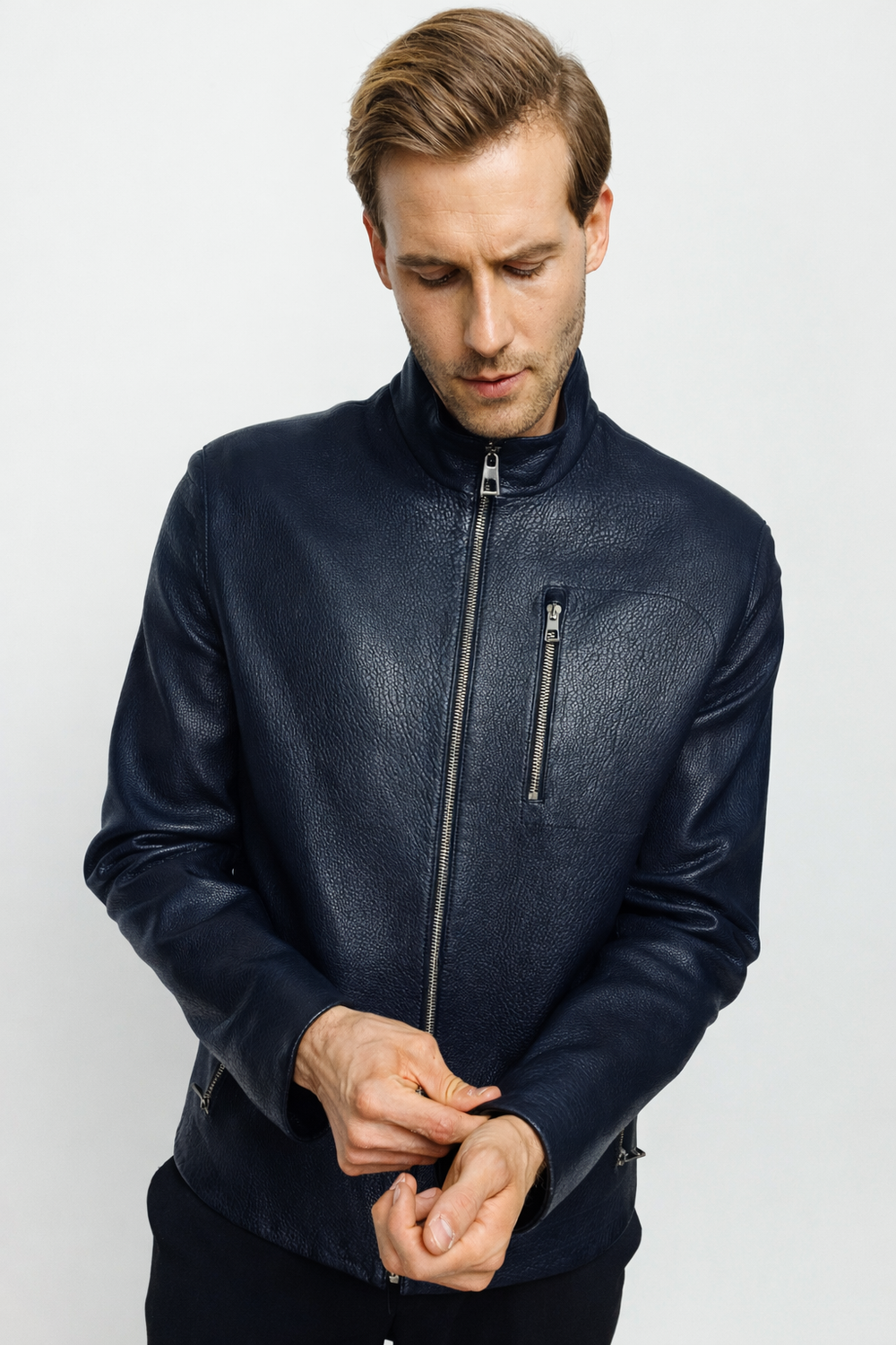 The Blanchard Navy Blue Leather Jacket