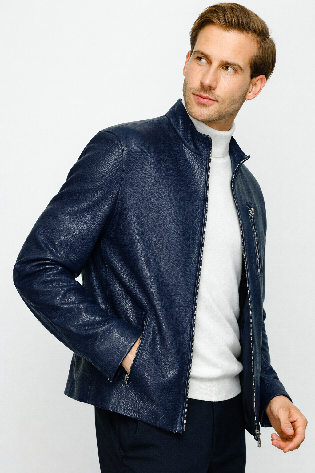 The Blanchard Navy Blue Leather Jacket