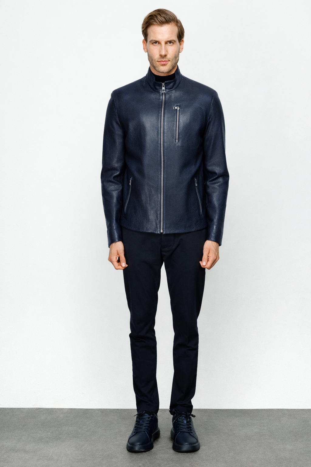 The Blanchard Navy Blue Leather Jacket