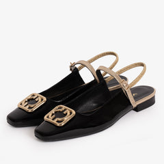 The Rosalinda Black Leather Flat Slingback Sandal