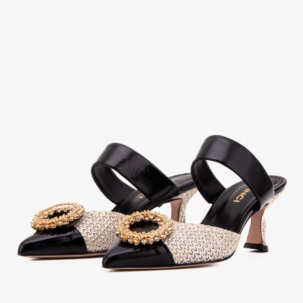 The Valencia Black Cream Jewel Heel Women's Mule Sandal