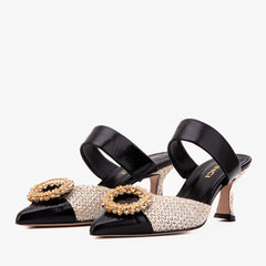 The Valencia Black Cream Jewel Heel Women's Mule Sandal