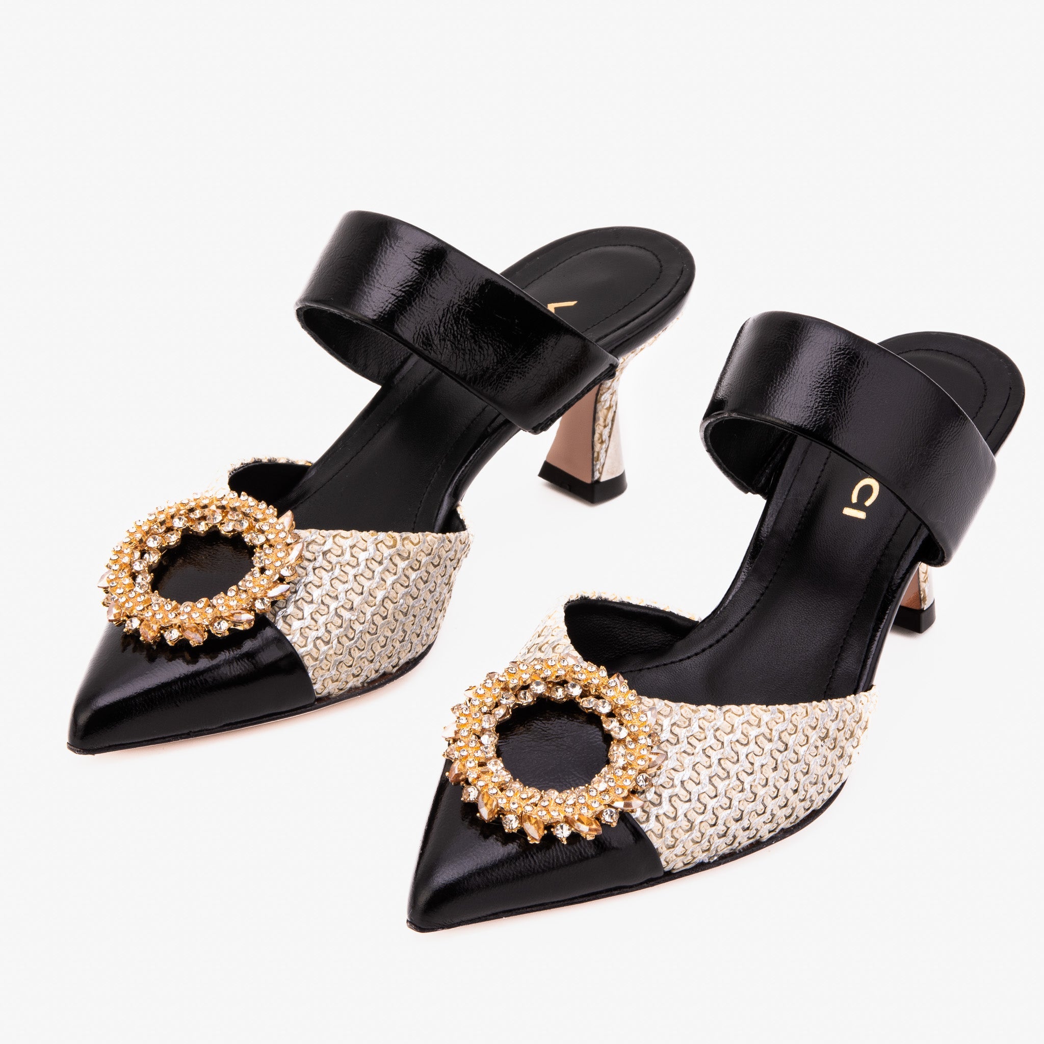 The Valencia Black Cream Jewel Heel Women's Mule Sandal