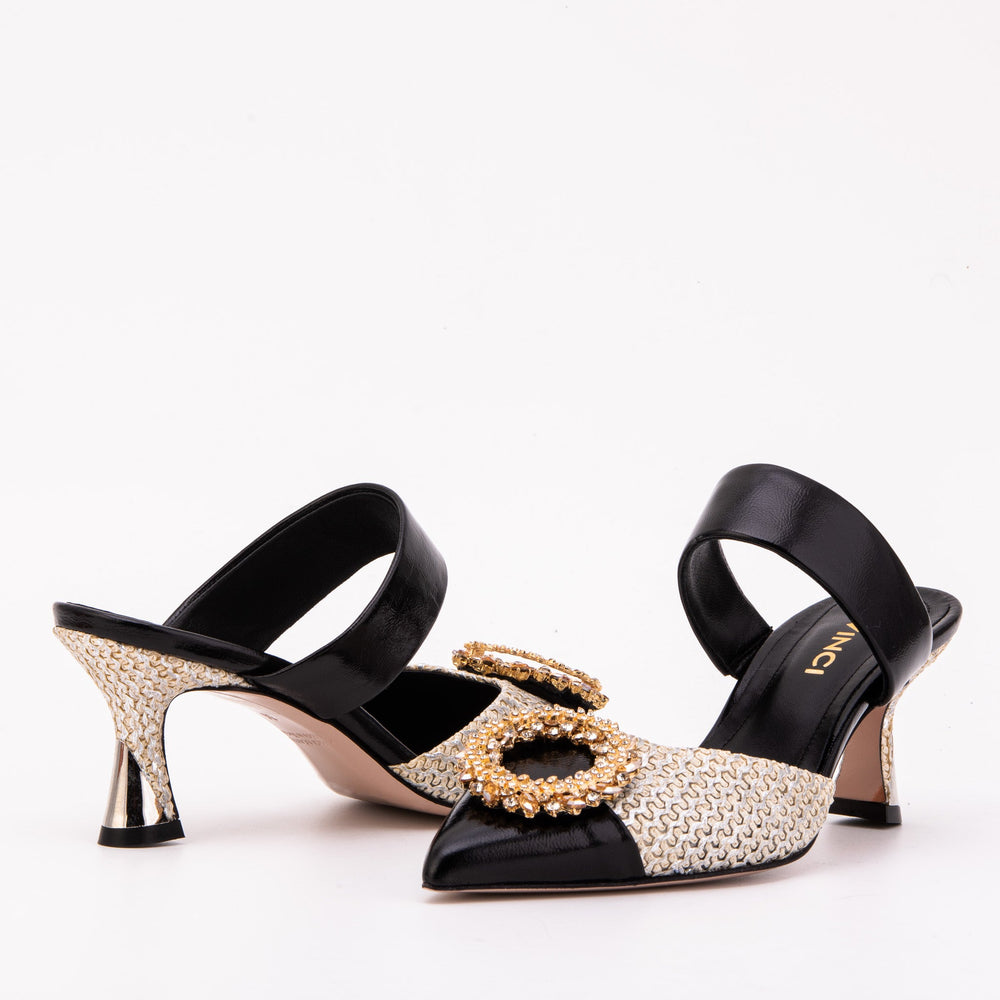The Valencia Black Cream Jewel Heel Women's Mule Sandal