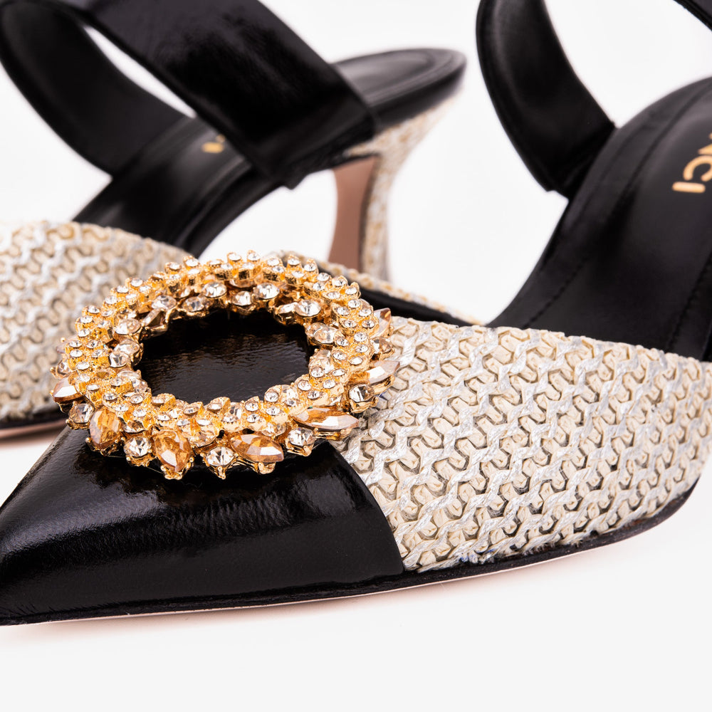 The Valencia Black Cream Jewel Heel Women's Mule Sandal