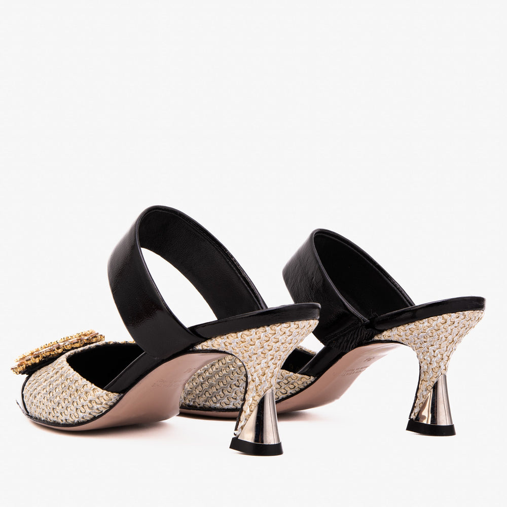 The Valencia Black Cream Jewel Heel Women's Mule Sandal