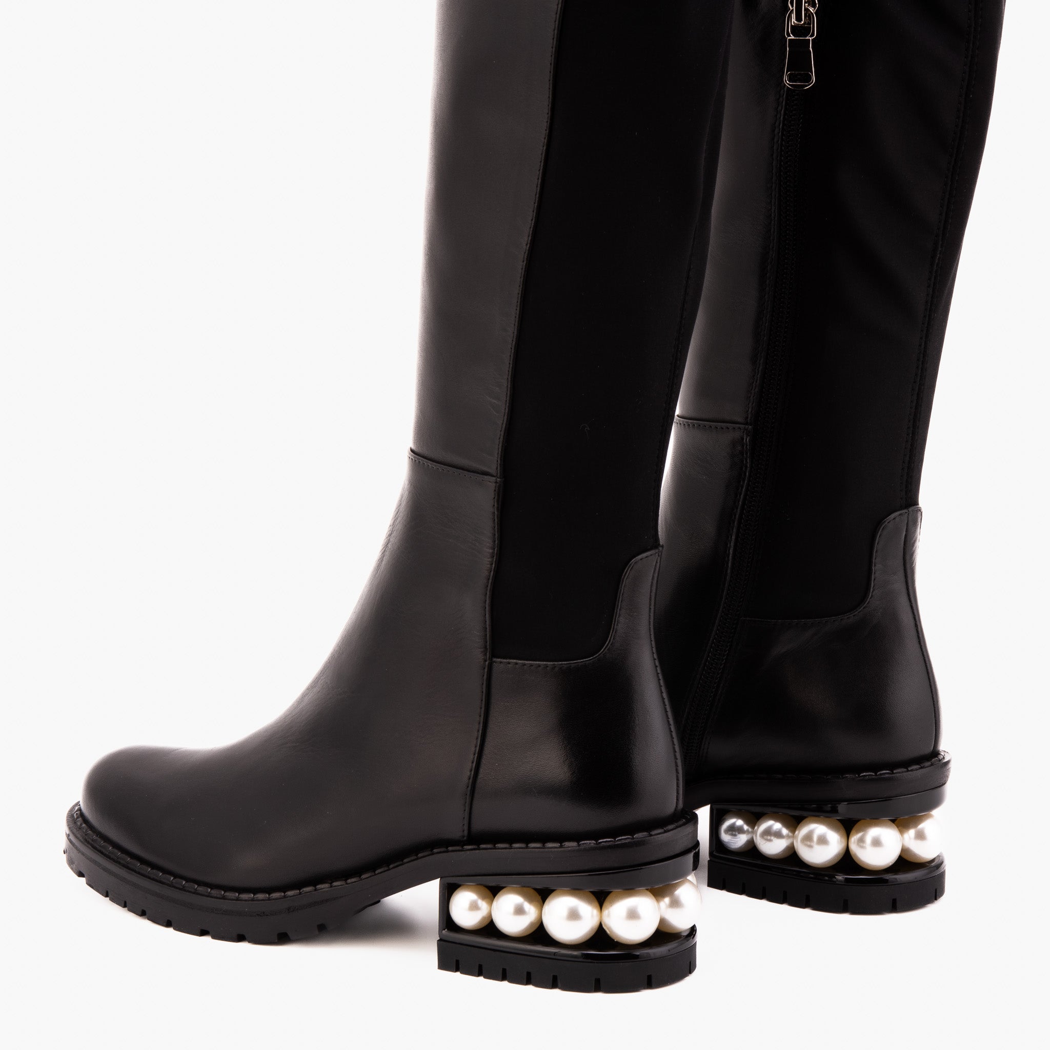 The Valeria Pearl Heel Knee-High Black Leather Boot