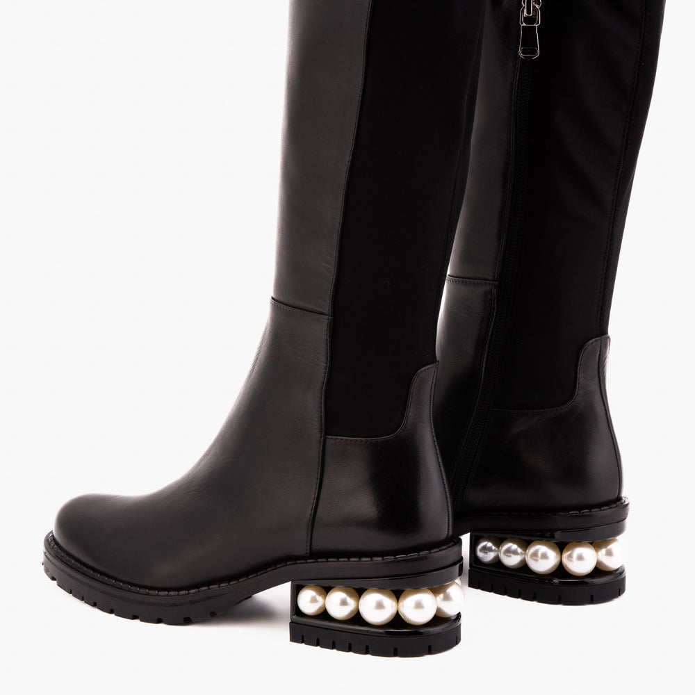 The Valeria Pearl Heel Knee-High Black Leather Boot