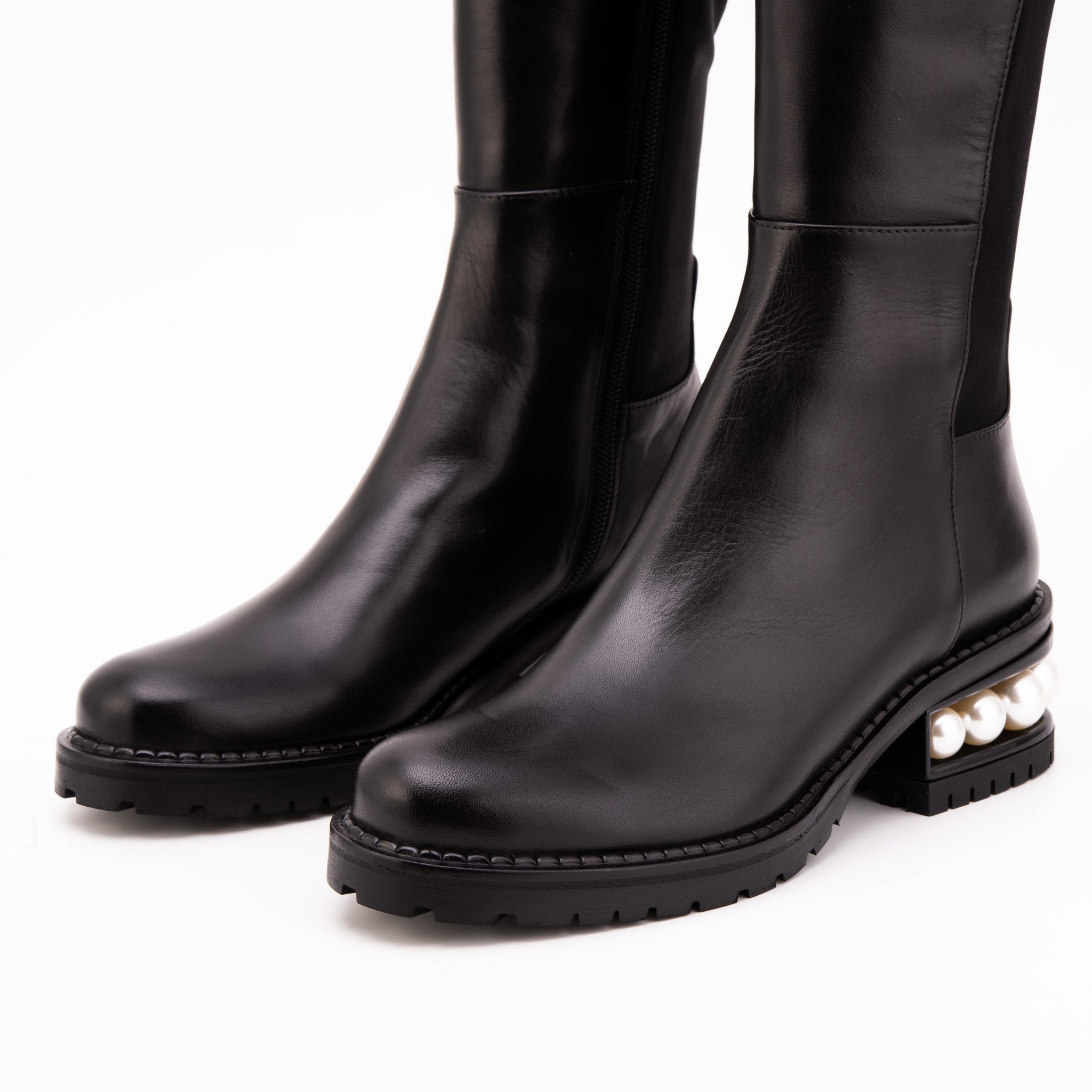 The Valeria Pearl Heel Knee-High Black Leather Boot