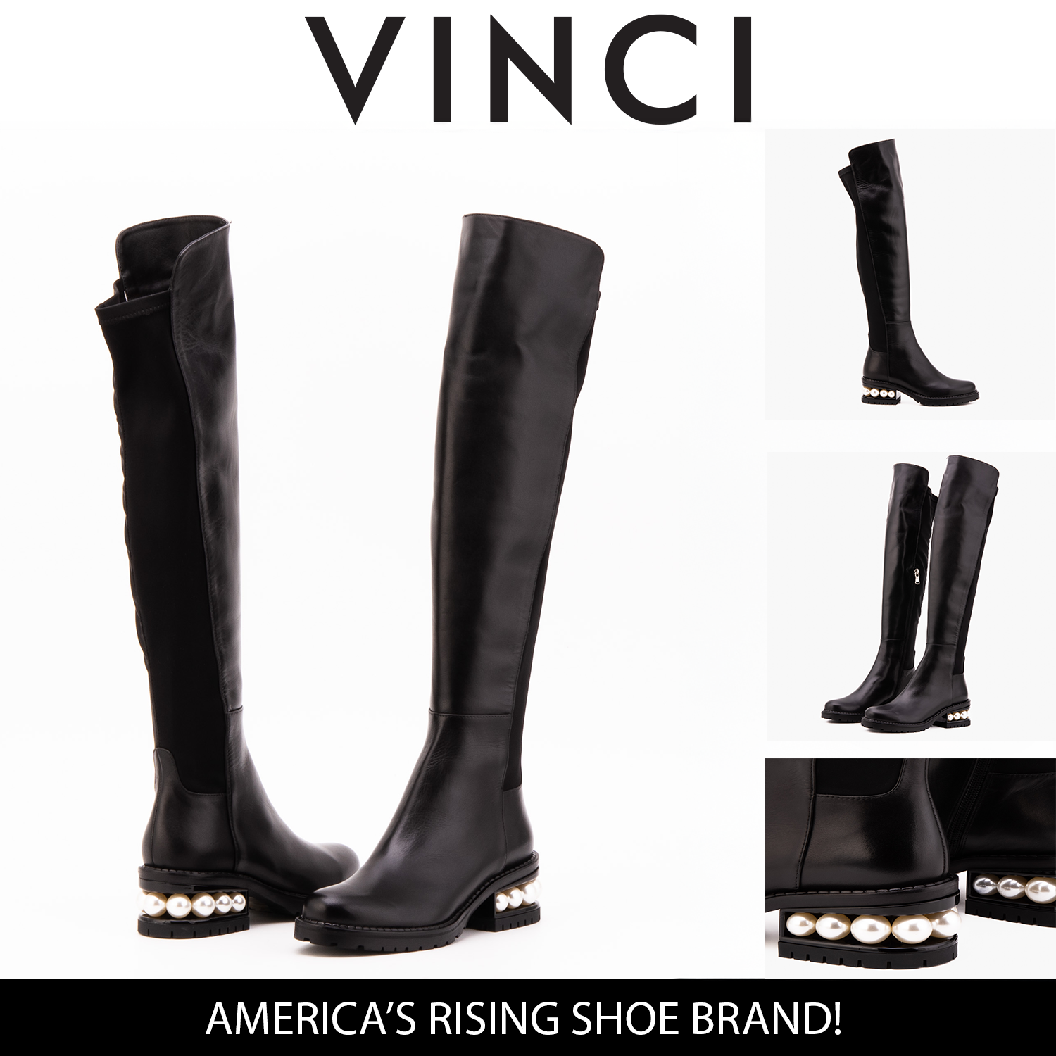 The Valeria Pearl Heel Knee-High Black Leather Boot