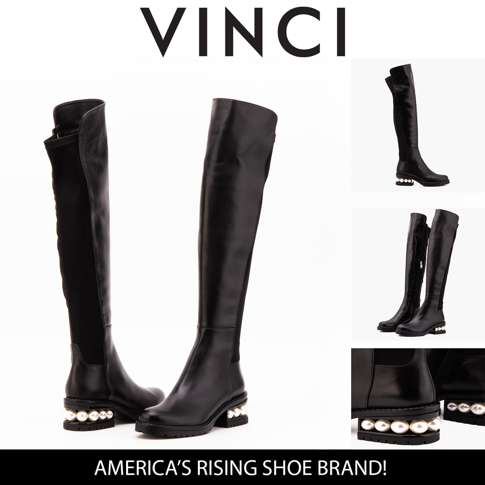 The Valeria Pearl Heel Knee-High Black Leather Boot
