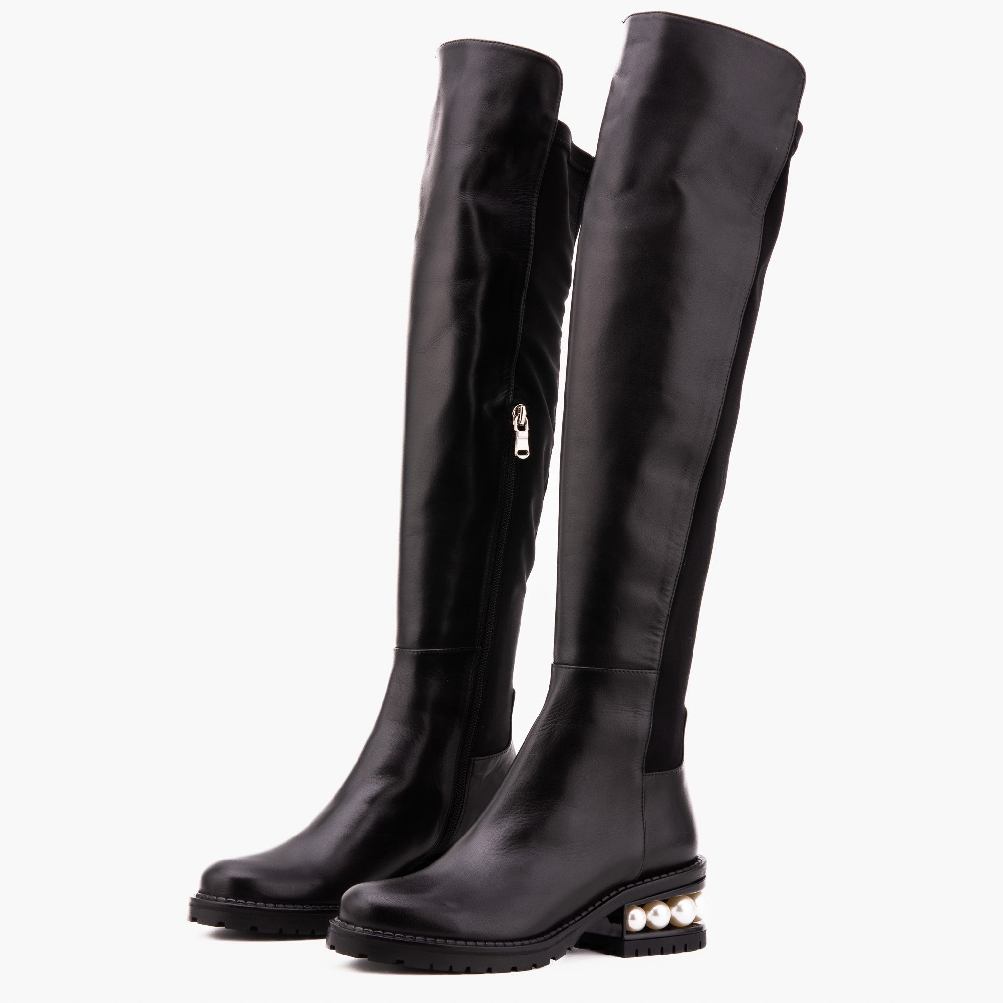 The Valeria Pearl Heel Knee-High Black Leather Boot