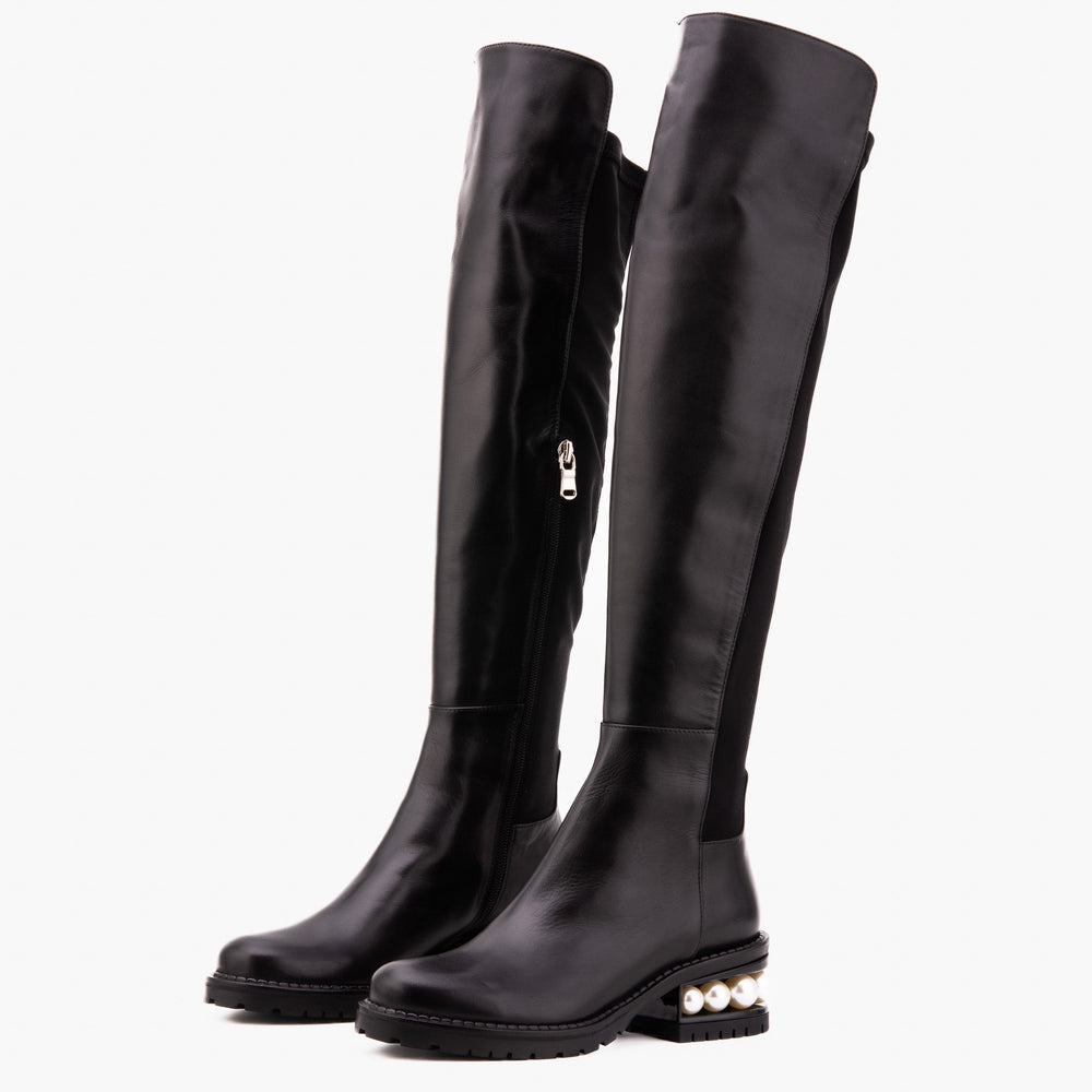 The Valeria Pearl Heel Knee-High Black Leather Boot