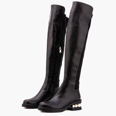 The Valeria Pearl Heel Knee-High Black Leather Boot