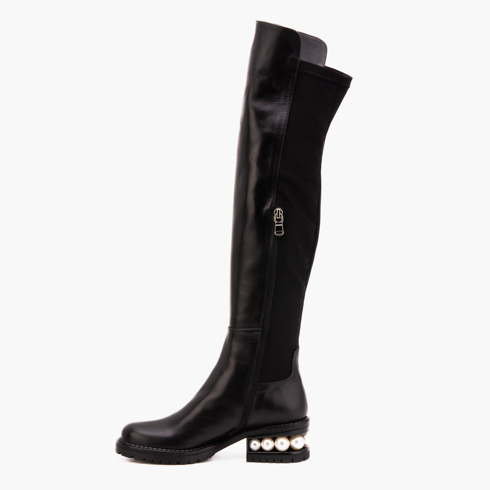 The Valeria Pearl Heel Knee-High Black Leather Boot